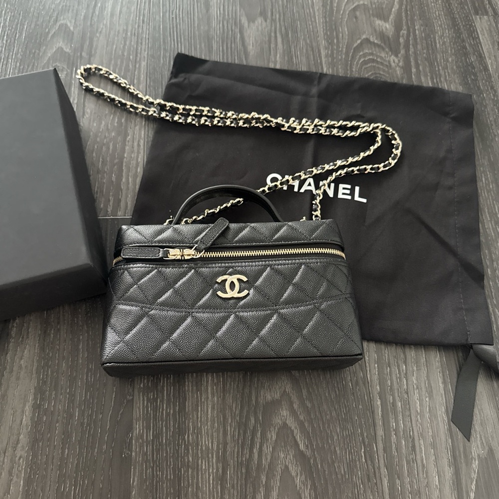 CHANEL Black Quilted Leather Top-Handle Crossbody with Gold Hardware